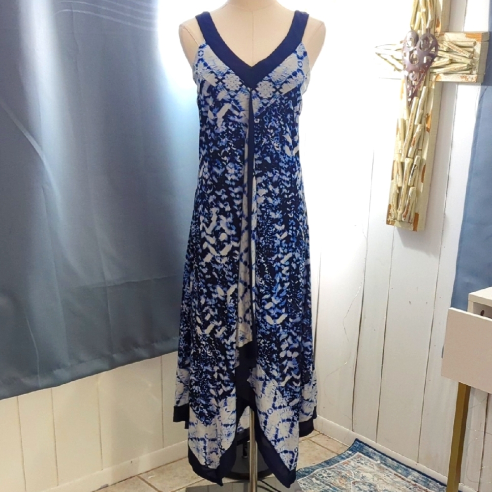 Style & Co. Navy and White Asymmetrical V-Neck Maxi Dress